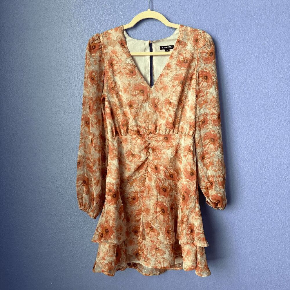Express Metallic Floral Print Ruched Waist Ruffle Hem Mini Dress Multi-Color XS